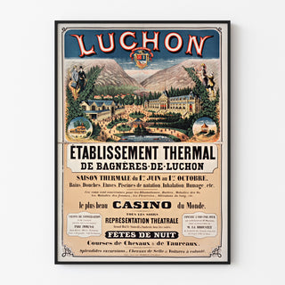 Manifesto vintage Bagnères-de-Luchon, terme, presentato in una cornice sottile su una parete chiara.