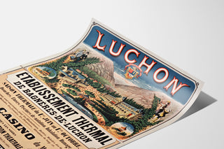 Manifesto vintage Bagnères-de-Luchon, terme, presentato su una pagina curva, vista prospettica.