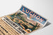 Manifesto vintage Bagnères-de-Luchon, terme, presentato su una pagina curva, vista prospettica.