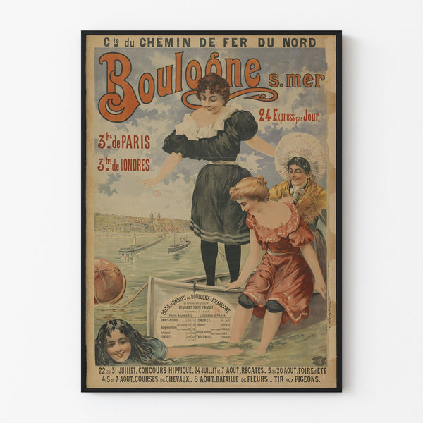 Manifesto d’epoca Boulogne-sur-Mer, 24 express, presentato in una cornice sottile su una parete chiara.