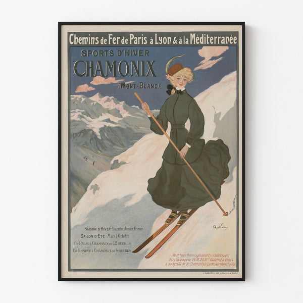 Manifesto vintage Chamonix, sport invernali PLM, presentato in una cornice sottile su una parete chiara.
