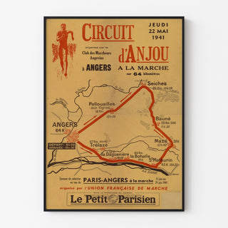 Manifesto vintage Circuit d’Anjou, cammino, presentato in una cornice sottile su una parete chiara.