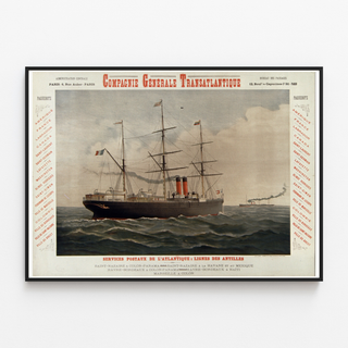 Manifesto vintage Compagnie Générale Transatlantique – Lignes des Antilles, presentato in una cornice sottile su una parete chiara.