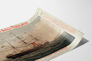 Manifesto vintage Compagnie Générale Transatlantique – Linee delle Antille, presentato su un foglio curvato, visto in prospettiva.