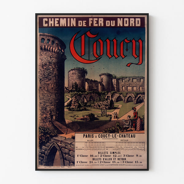 Manifesto vintage Coucy, chemins de fer du Nord, presentato in una cornice sottile su una parete chiara.