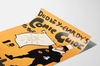 Manifesto vintage Dudley Hardy, comic guide, presentato su una pagina curva, visto in prospettiva.