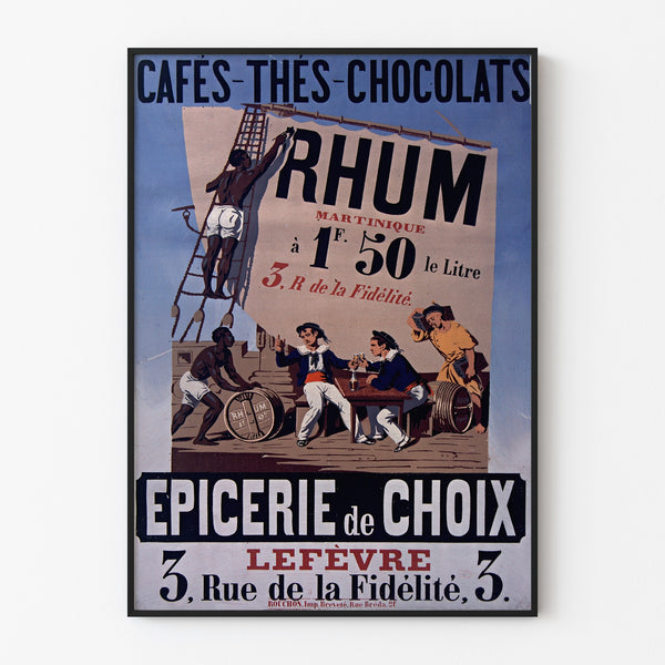 Manifesto vintage Épicerie Lefèvre, caffè e cioccolato, inserito in una cornice sottile su una parete chiara.