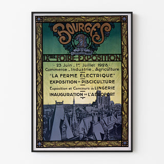 Manifesto vintage Fiera-esposizione di Bourges, presentato in una cornice sottile su una parete chiara.