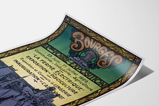 Manifesto vintage Fiera-esposizione di Bourges, presentato su una pagina curva, visto in prospettiva.