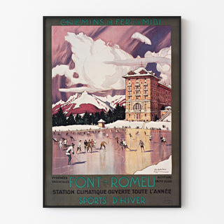 Manifesto vintage Font-Romeu, sport invernali, esposto in una cornice sottile su una parete chiara.