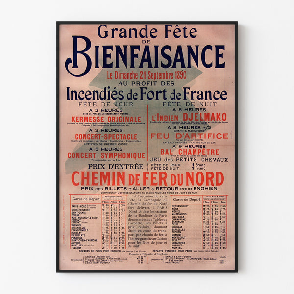Poster vintage Fort-de-France, festa di beneficenza, presentato in una cornice sottile su una parete chiara.