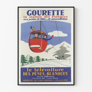 Manifesto vintage Gourette, teleferica, esposto in una cornice sottile su una parete chiara.