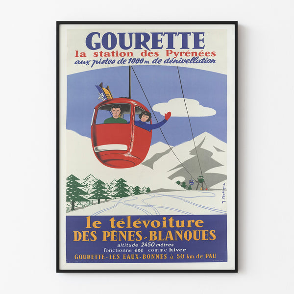 Manifesto vintage Gourette, teleferica, esposto in una cornice sottile su una parete chiara.