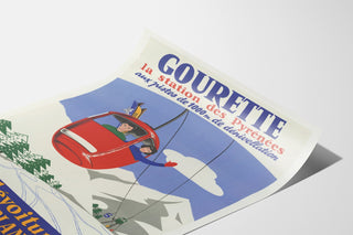 Manifesto vintage Gourette, teleferica, mostrato su una pagina curva, vista prospettica.