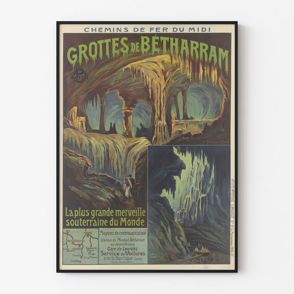 Manifesto vintage Grotte di Bétharram, esposto in una cornice sottile su una parete chiara.