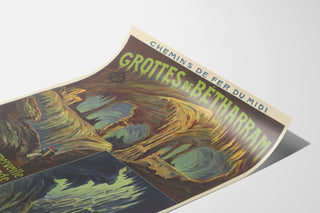 Manifesto vintage Grotte di Bétharram, mostrato su una pagina curva, vista prospettica.