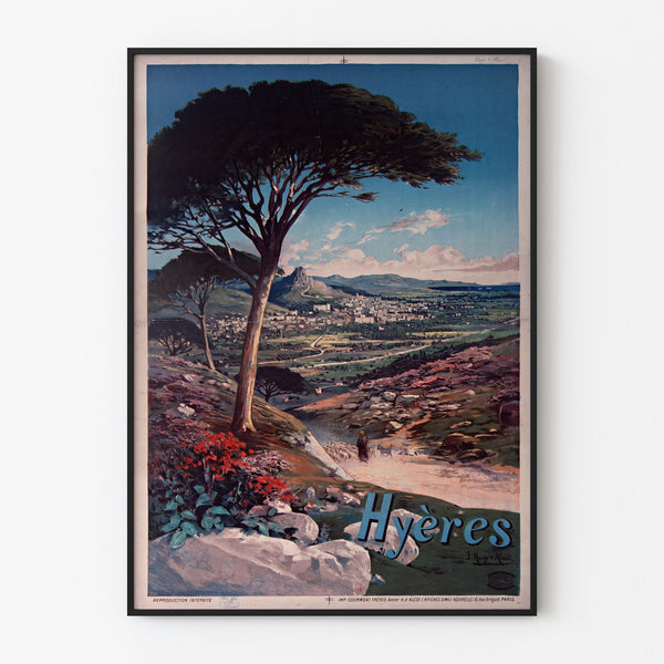 Poster vintage Hyères, esposto in una cornice sottile su una parete chiara.
