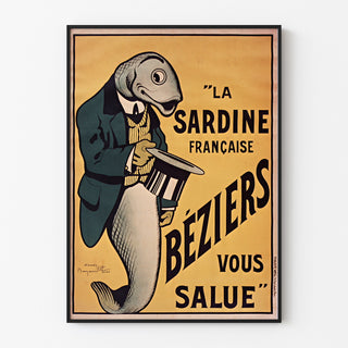 Manifesto vintage La Sardine française, Béziers, presentato in una cornice sottile su una parete chiara.