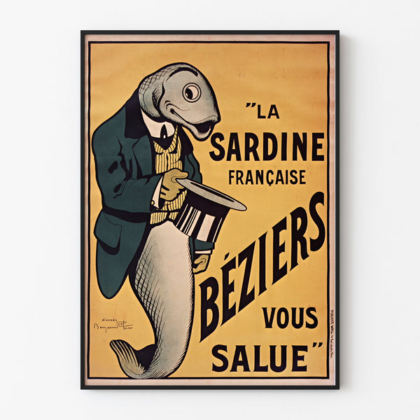 Manifesto vintage La Sardine française, Béziers, presentato in una cornice sottile su una parete chiara.