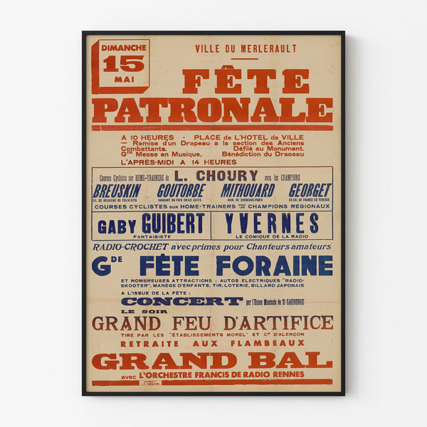 Poster vintage Le Merlerault, festa patronale, esposto in una cornice sottile su una parete chiara.
