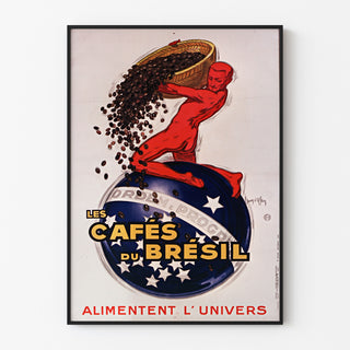 Poster vintage Les Cafés du Brésil, presentato in una cornice sottile su una parete chiara.