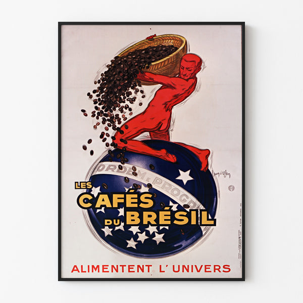 Poster vintage Les Cafés du Brésil, presentato in una cornice sottile su una parete chiara.