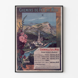 Manifesto vintage Lourdes, località balneari, esposto in una cornice sottile su una parete chiara.