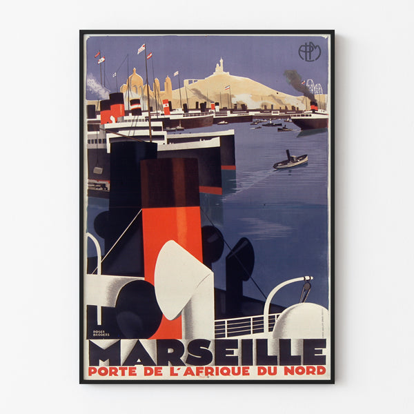 Poster vintage Marsiglia, porta dell’Africa del Nord, presentato in una cornice sottile su una parete chiara.