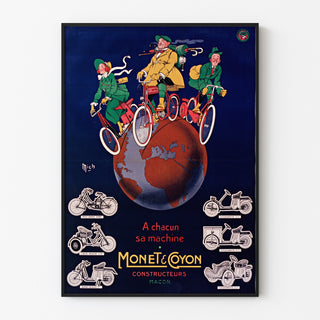 Manifesto vintage Monet & Goyon, macchine, esposto in cornice sottile su una parete chiara.