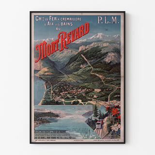 Manifesto vintage Mont-Revard, ferrovia a cremagliera, presentato in una cornice sottile su una parete chiara.