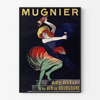 Manifesto vintage Mugnier. Aperitivo al vino di Borgogna, presentato in una cornice sottile su una parete chiara.