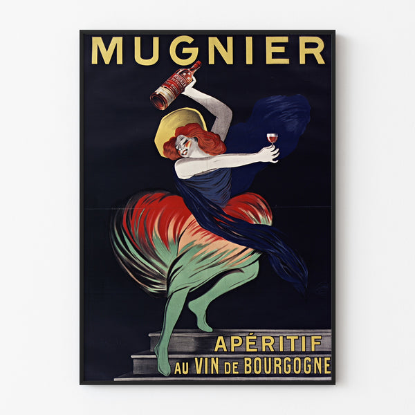 Manifesto vintage Mugnier. Aperitivo al vino di Borgogna, presentato in una cornice sottile su una parete chiara.