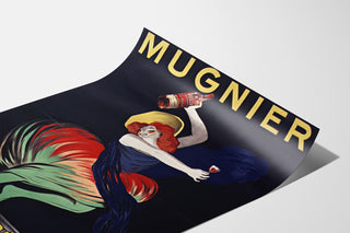 Manifesto vintage Mugnier. Aperitivo al vino di Borgogna, presentato su una pagina curva, visto in prospettiva.
