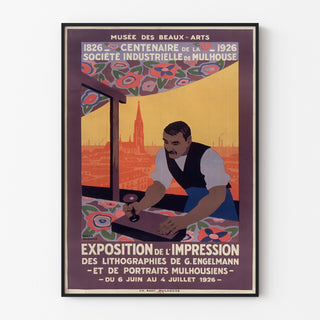 Manifesto vintage Mulhouse, esposizione litografica, esposto in una cornice sottile su una parete chiara.