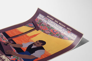 Manifesto vintage Mulhouse, esposizione litografica, mostrato su una pagina leggermente curva, visto in prospettiva.