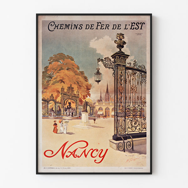 Manifesto vintage Nancy, Chemins de fer de l’Est, esposto in una cornice sottile su una parete chiara.