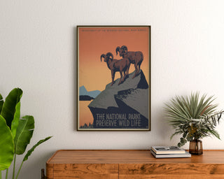Manifesto vintage National Parks Preserve Wild Life, incorniciato sopra una cassettiera in legno, tra piante.