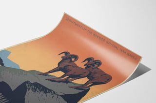 Manifesto vintage National Parks Preserve Wild Life, mostrato su un foglio curvo, vista prospettica.