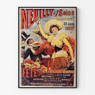 Manifesto vintage Neuilly, festa dei fiori, 1890, inserito in una cornice sottile su una parete chiara.