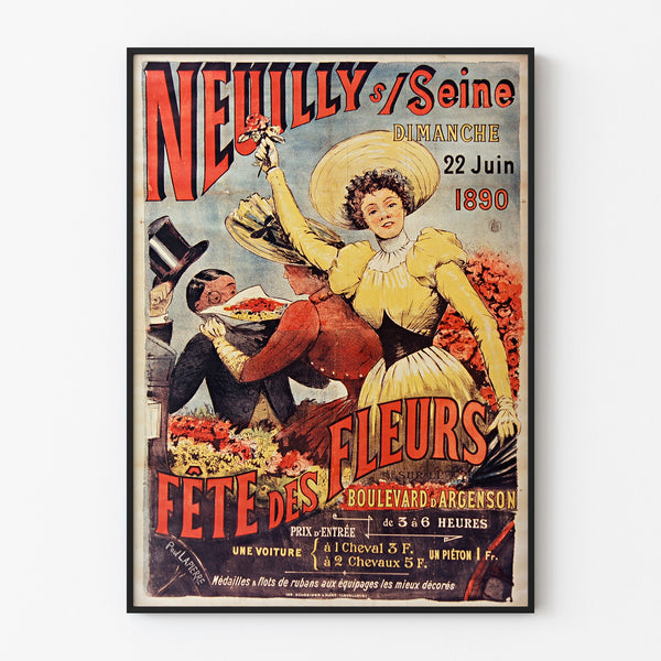Manifesto vintage Neuilly, festa dei fiori, 1890, inserito in una cornice sottile su una parete chiara.