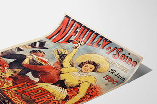 Manifesto vintage Neuilly, festa dei fiori, 1890, presentato su foglio curvato, visuale prospettica.