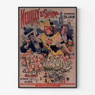 Manifesto vintage Neuilly, festa dei fiori, 1894, inserito in una cornice sottile su una parete chiara.