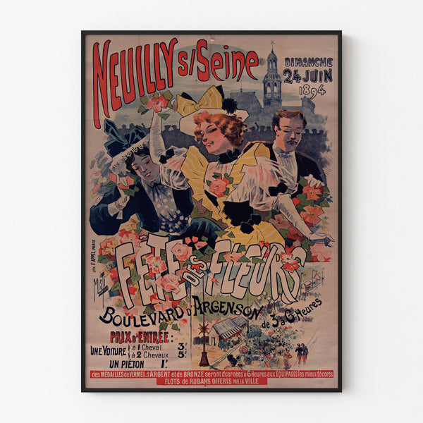 Manifesto vintage Neuilly, festa dei fiori, 1894, inserito in una cornice sottile su una parete chiara.