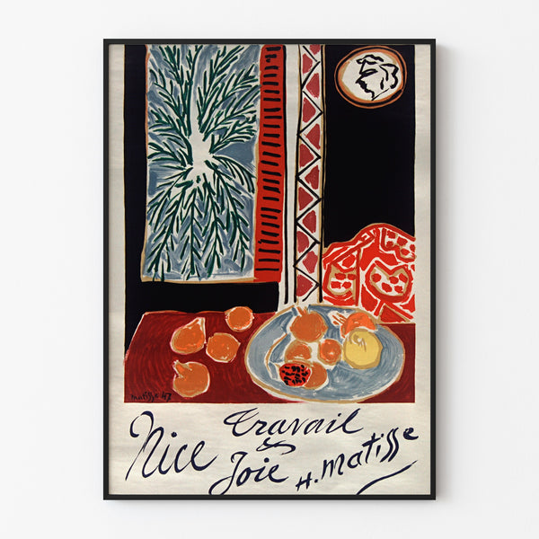 Poster vintage Nice, lavoro e gioia, presentato in una cornice sottile su una parete chiara.