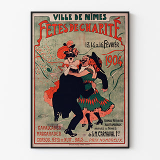 Manifesto vintage Nîmes, feste di beneficenza, presentato in una cornice sottile su una parete chiara.