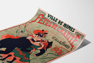 Manifesto vintage Nîmes, feste di beneficenza, presentato su una pagina curva, vista prospettica.