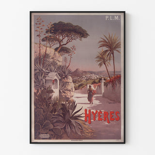 Poster vintage P. L. M. Hyères, esposto in una cornice sottile su una parete chiara.