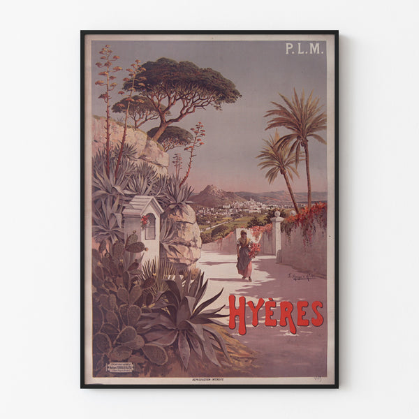 Poster vintage P. L. M. Hyères, esposto in una cornice sottile su una parete chiara.