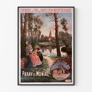 Manifesto vintage Paray-le-Monial, treno, esposto in cornice sottile su una parete chiara.