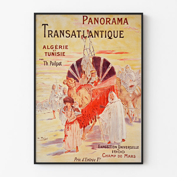 Manifesto vintage Parigi 1900, panorama transatlantico, presentato in una cornice sottile su una parete chiara.